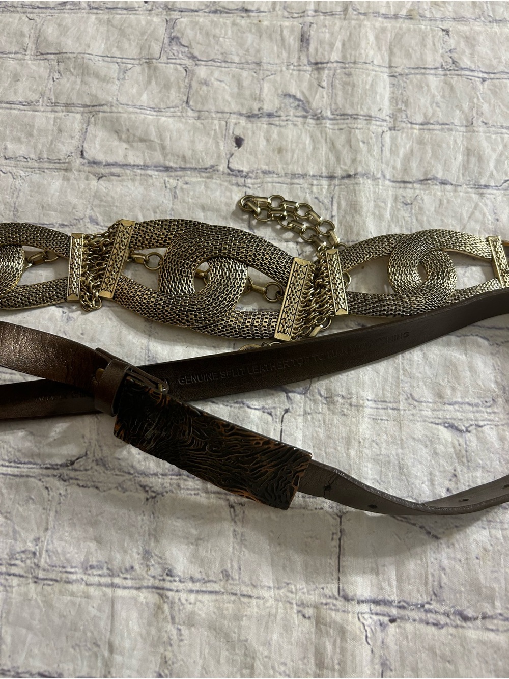 CHICO’S (2) UNIQUE STYLES GOLD CHAIN EMBELLISHED AND BROWN LEATHER BELTS - Picture 14 of 16